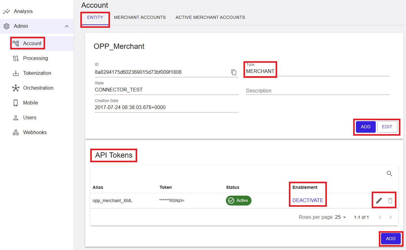 API Tokens table at merchant level